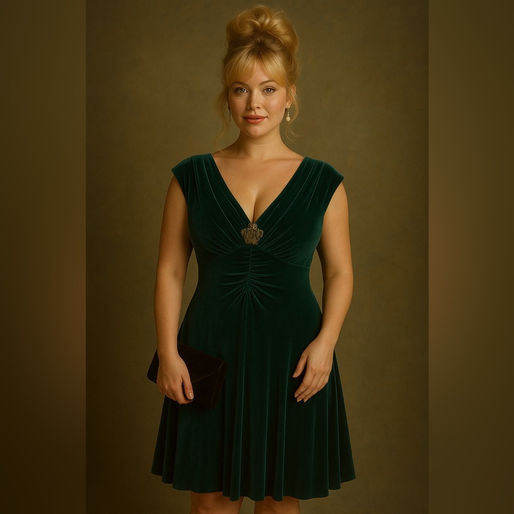 Vintage Talbots Velvet V-Neck Emerald Green Dress Babydoll Y2K Ruched‎ Flared 4P